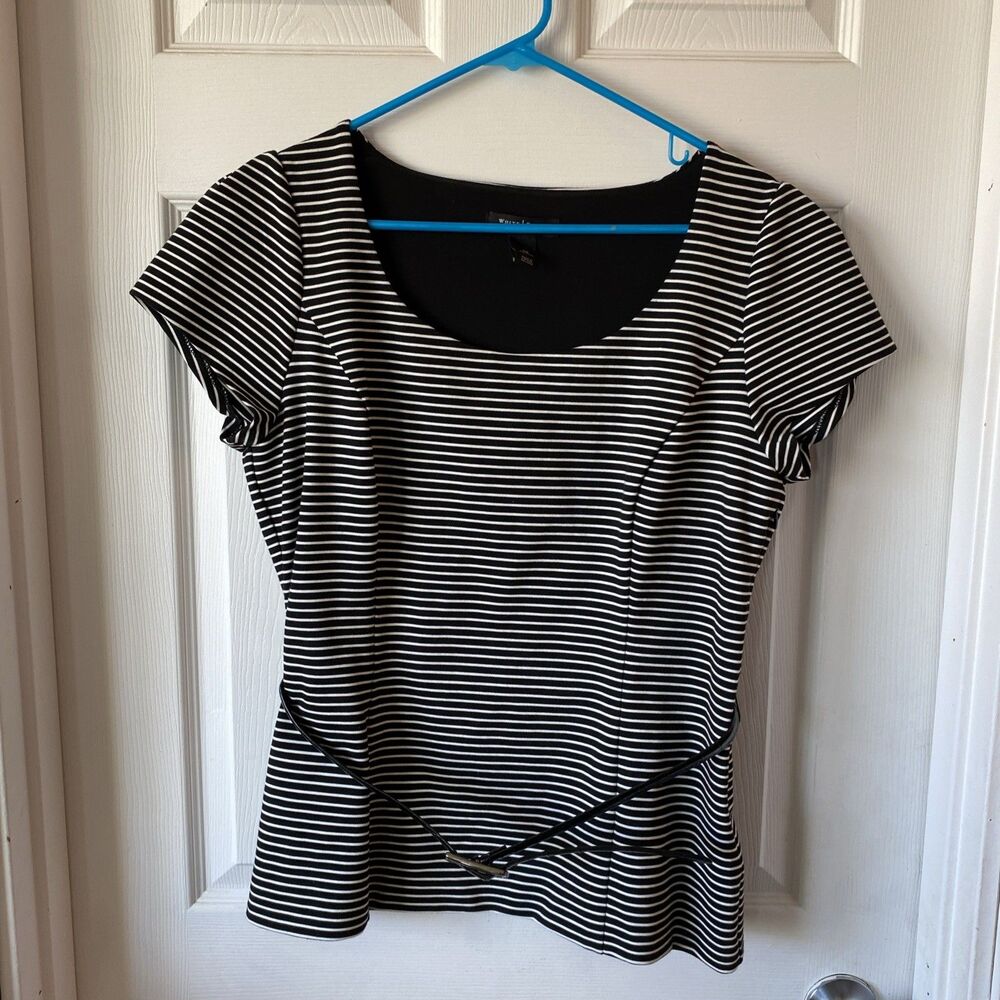 White House Black Market Blouse Women’s Size 14 Striped Belted Scoop Neck